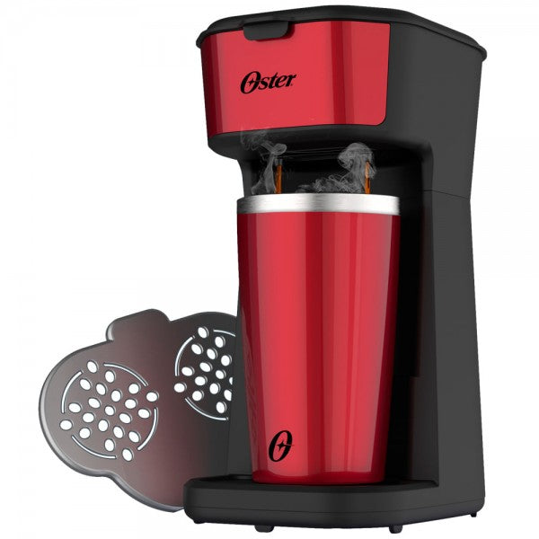 Oster Cafeteira 2Day Inox 2 em 1 com Copo Térmico, 220V, Vermelho/Inox, 600W