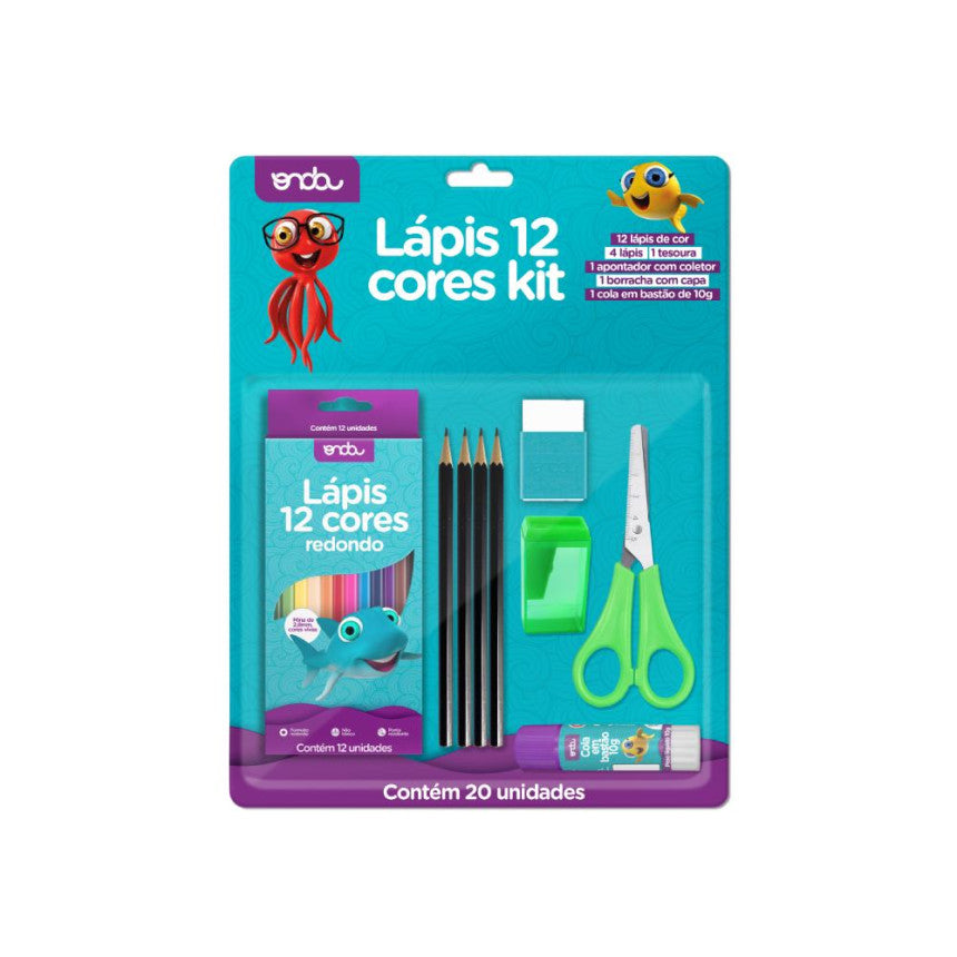 Kit Escolar com Lápis 12 Cores - 20 Peças