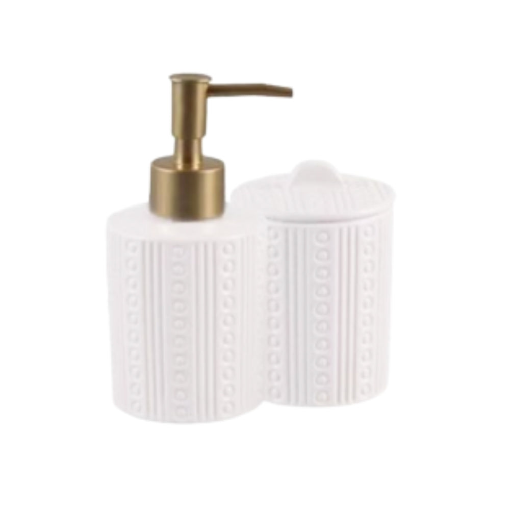 Kit Lavabo Cerâmica C/ Porta Sabonete Liquido e Porta Algodão/Cotonete - Branco 6.9X6.9X18CM - 6.9X6.9X13.5CM