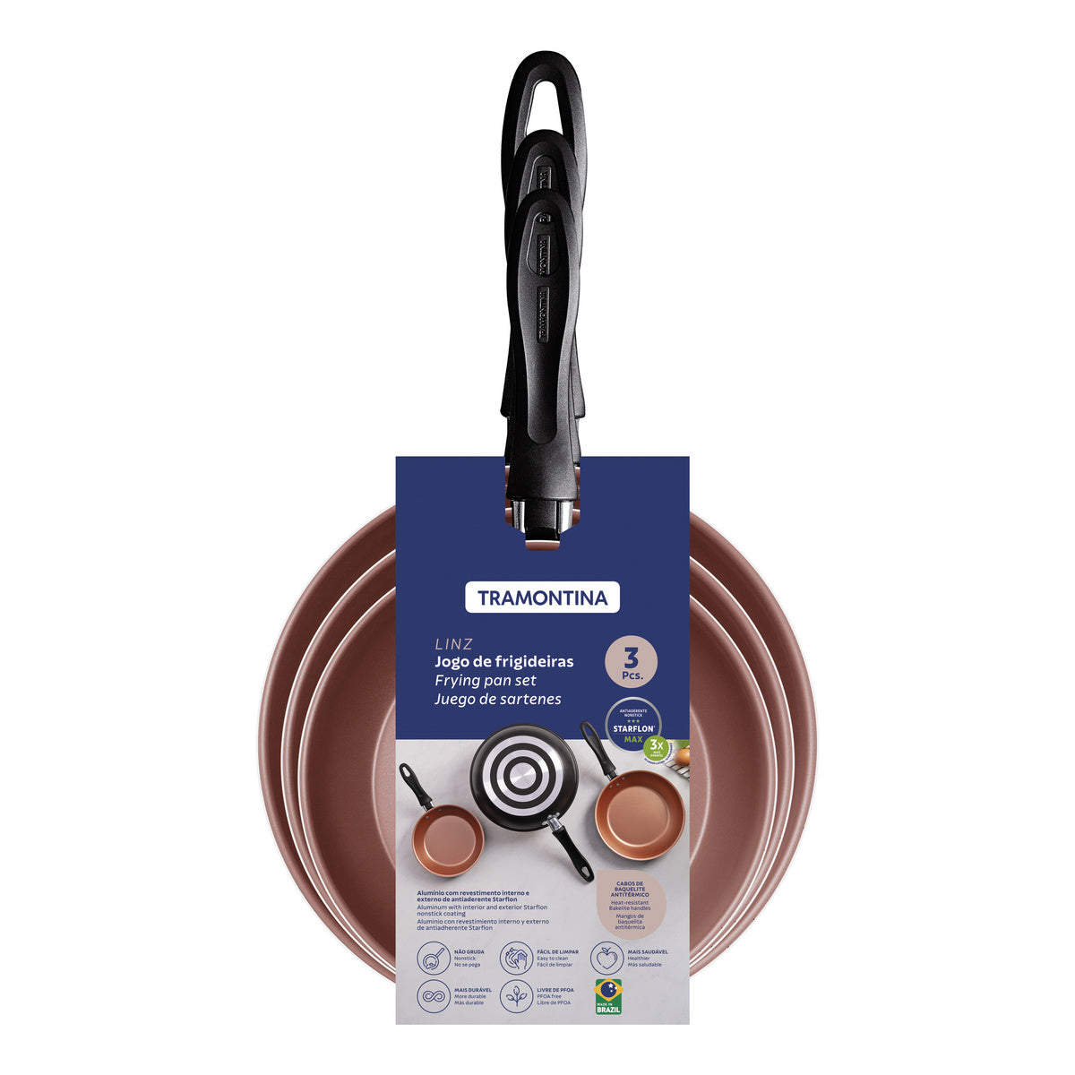 Jogo de Frigideiras Tramontina Linz com Revestimento Interno em Antiaderente Starflon Max e Externo de Poliéster Preto 03 Peças
