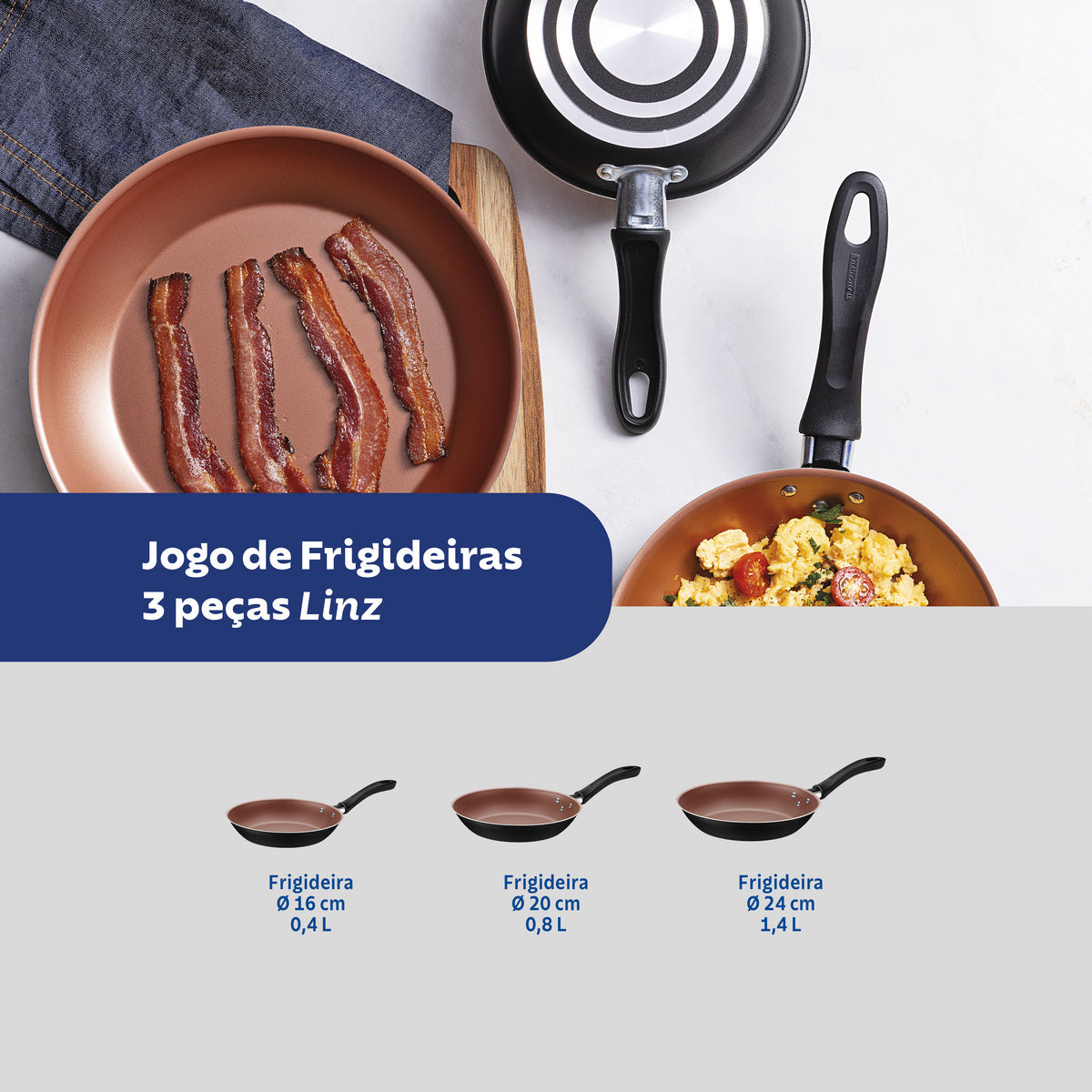 Jogo de Frigideiras Tramontina Linz com Revestimento Interno em Antiaderente Starflon Max e Externo de Poliéster Preto 03 Peças