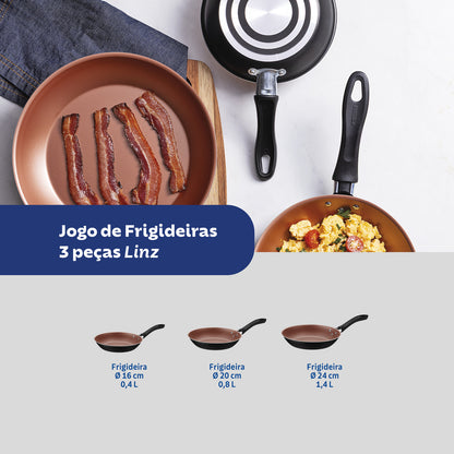 Jogo de Frigideiras Tramontina Linz com Revestimento Interno em Antiaderente Starflon Max e Externo de Poliéster Preto 03 Peças