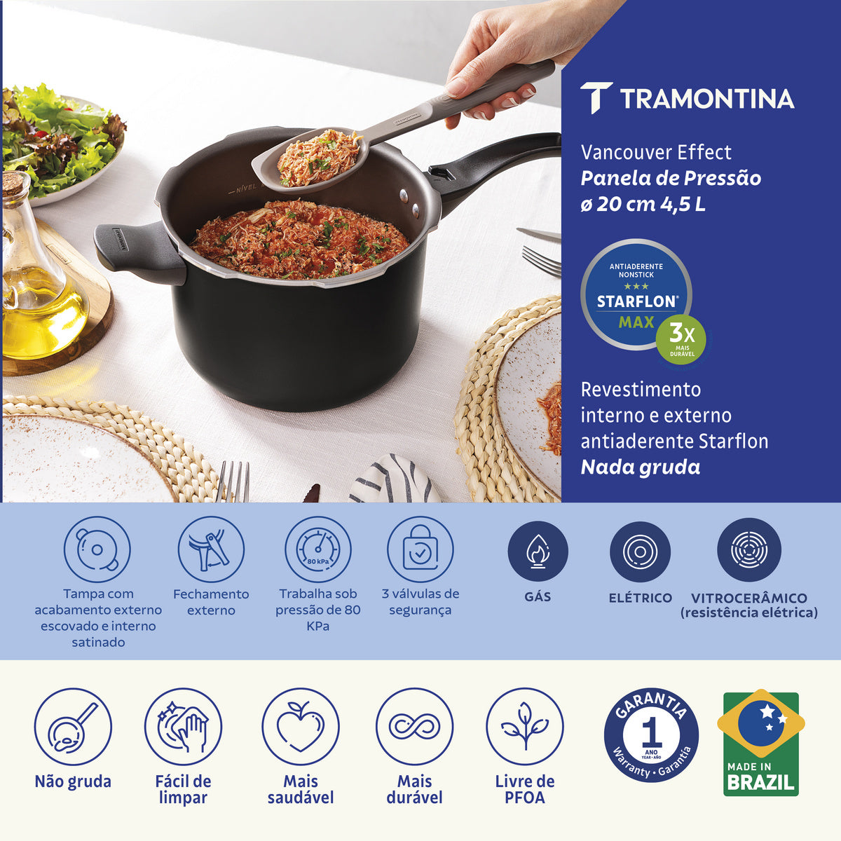 Panela de Pressão Tramontina Vancouver Effect em Alumínio com Revestimento Interno e Externo em Antiaderente Starflon Max Preto 20 cm 4,5 L