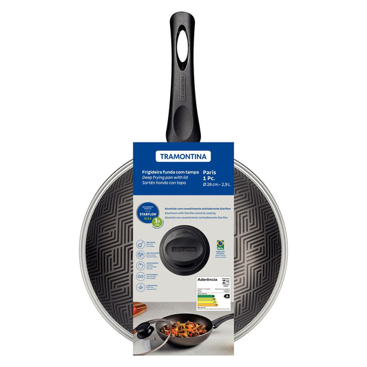 Frigideira Funda Tramontina Paris em Alumínio com Revestimento Interno e Externo em Antiaderente Starflon Max Chumbo com Tampa de Vidro 26 cm 2,9 L