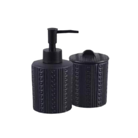 Kit Lavabo Cerâmica C/ Porta Sabonete Liquido e Porta Algodão - Preto 6.9X6.9X18CM - 6.9X6.9X13.5CM