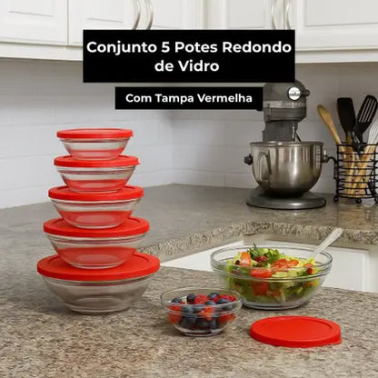 CJ 5 Potes Vidro Redondo Cairo Com Tampa Vermelha