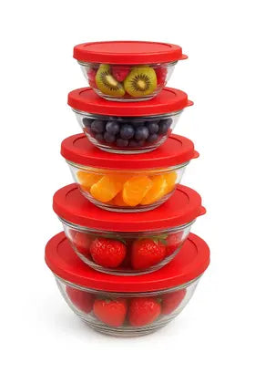 CJ 5 Potes Vidro Redondo Cairo Com Tampa Vermelha