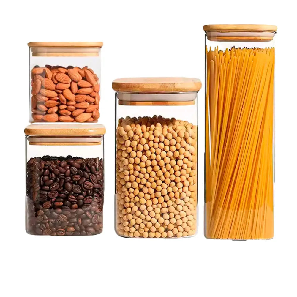 Jogo de Potes Hérmeticos com Tampa de Bambu 4pcs Útil Bazar RF4917