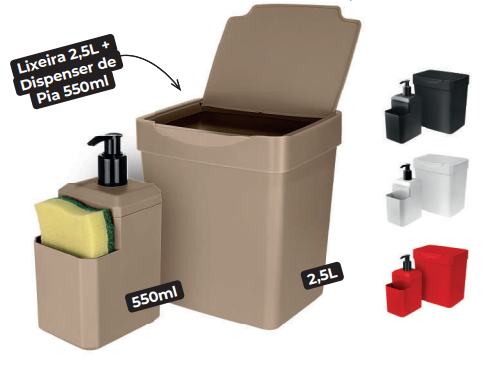 Kit Lixeira de Pia 2,5L + Dispenser 550ml de Detergente