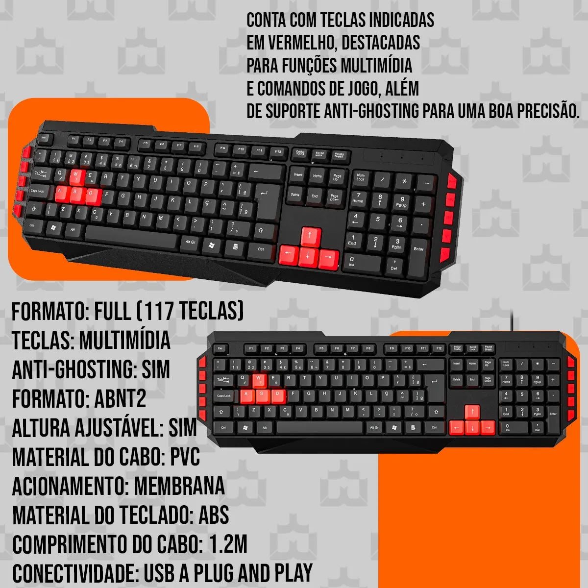 Teclado Mulimidia Gamer Red Keys USB Multilasar