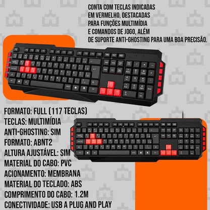 Teclado Mulimidia Gamer Red Keys USB Multilasar