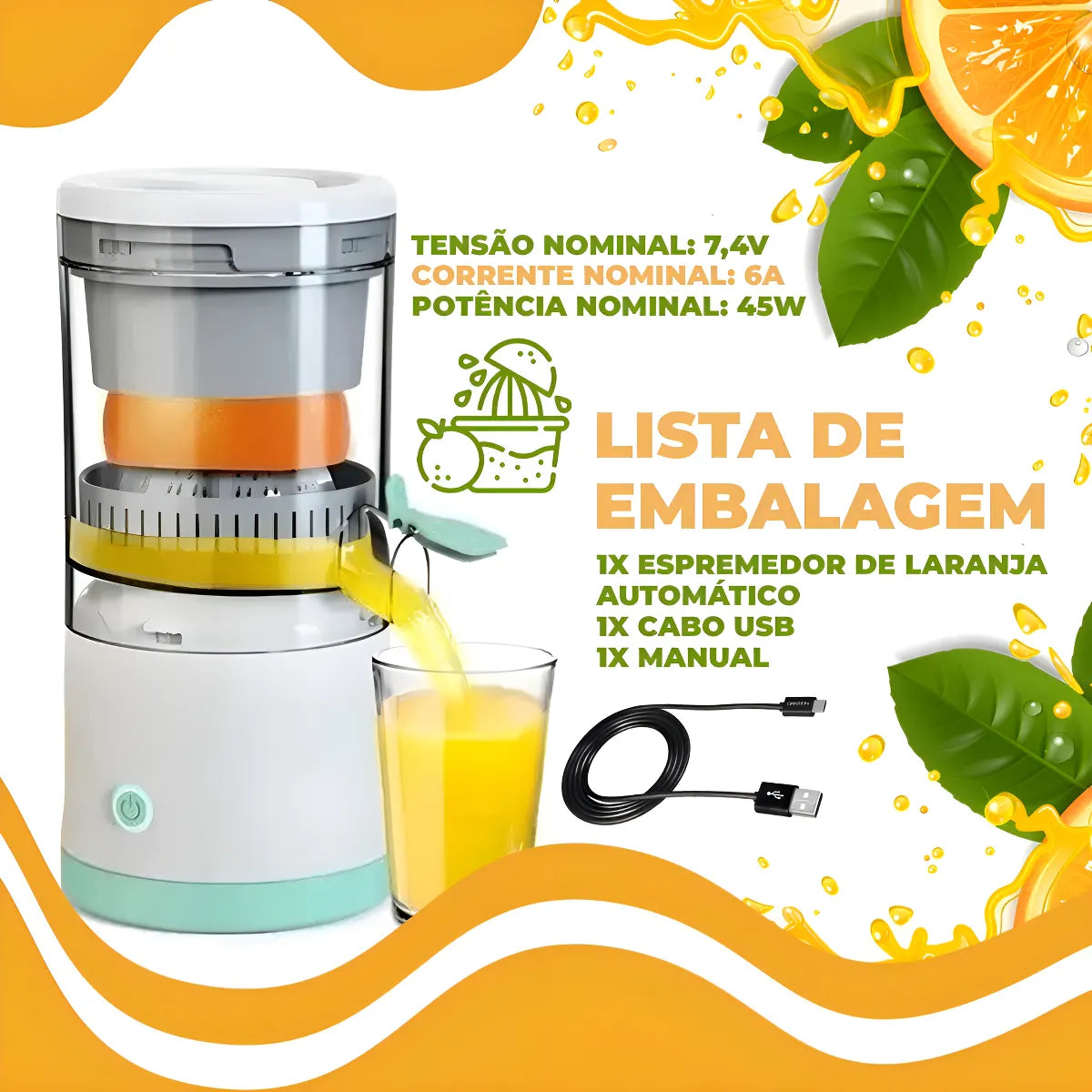 Máquina de suco cítrico recarregável – Espremedor portátil com USB