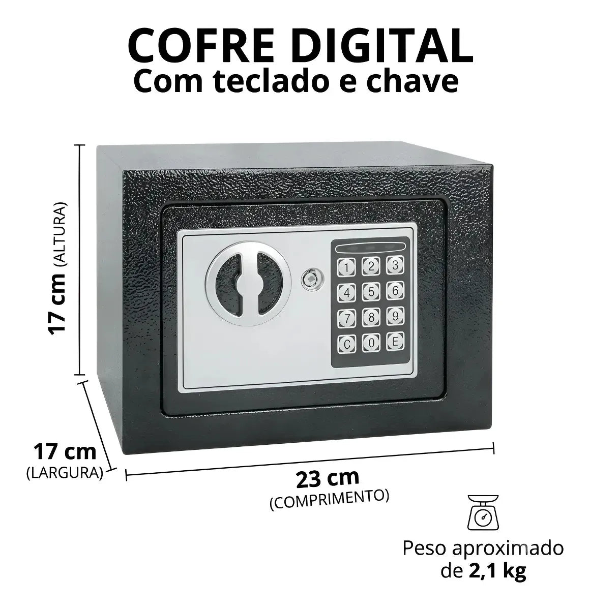 Cofre Eletronico Digital Teclado C/Chave E Senha Preto 17x23x17cm