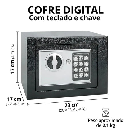 Cofre Eletronico Digital Teclado C/Chave E Senha Preto 17x23x17cm