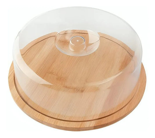 Boleira Redonda Com Tampa De Bambu, 28x28x9cm