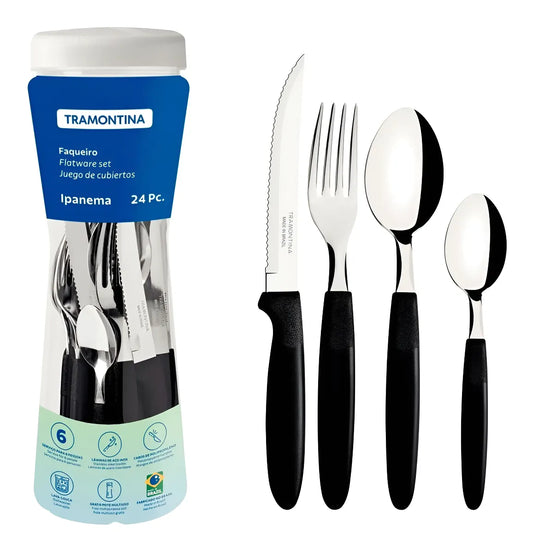 Faqueiro Tramontina Ipanema com Lâminas em Aço Inox e Cabos de Polipropileno Preto com Pote Plástico 24 Peças