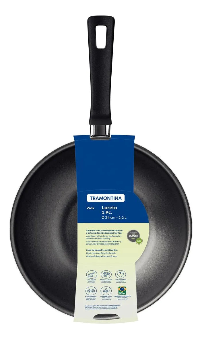 Wok Tramontina Loreto em Alumínio com Revestimento Interno e Externo em Antiaderente Starflon Max Grafite 24 cm 2,2 L