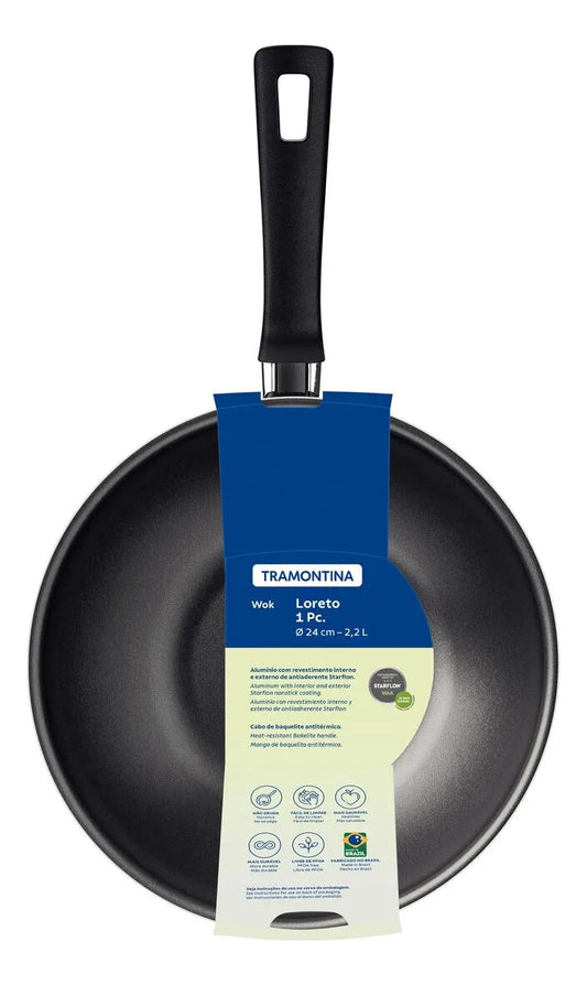 Wok Tramontina Loreto em Alumínio com Revestimento Interno e Externo em Antiaderente Starflon Max Grafite 24 cm 2,2 L