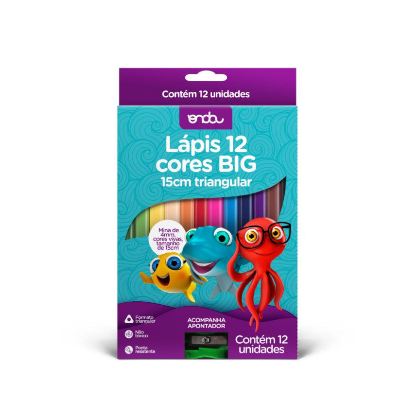 Lápis de Cor 12 Cores Big 15cm Triangular com Apontador