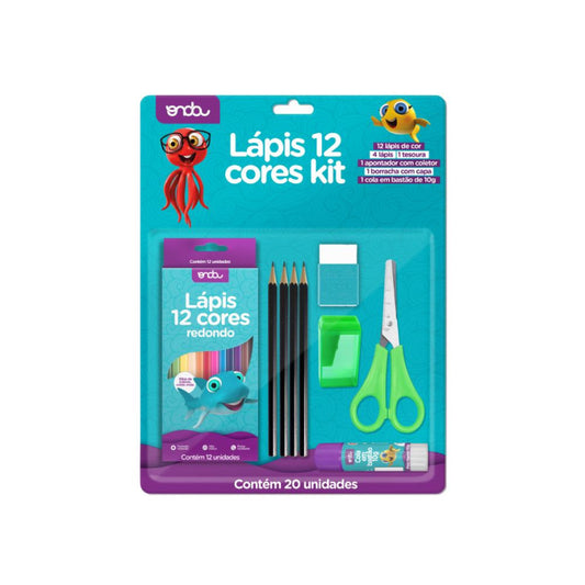 Kit Escolar com Lápis 12 Cores - 20 Peças