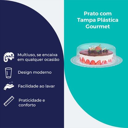 Prato de Vidro com Tampa Plástica Gourmet Bolos e Sobremesas - Ruvolo