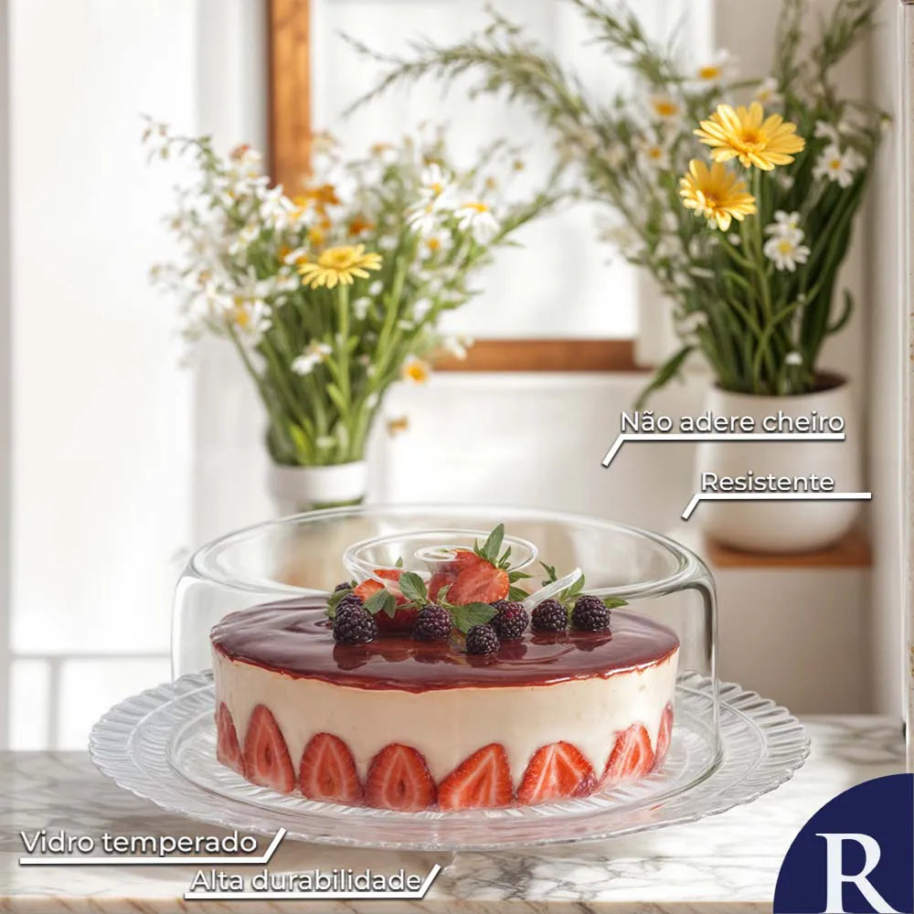 Prato de Vidro com Tampa Plástica Gourmet Bolos e Sobremesas - Ruvolo