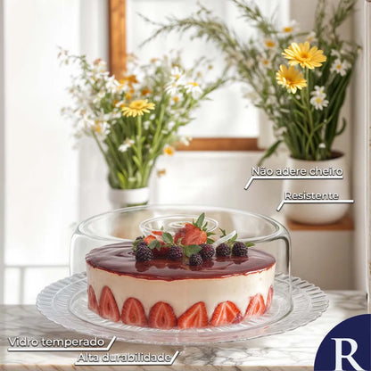 Prato de Vidro com Tampa Plástica Gourmet Bolos e Sobremesas - Ruvolo
